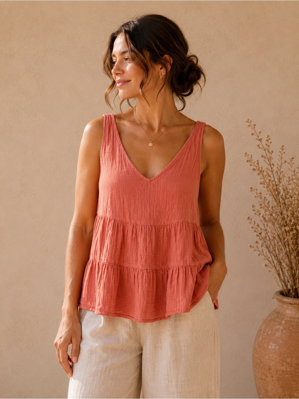 Coral Gauze Tiered Tank Top | Boho Babydoll Sleeveless Blouse | Summer Tops